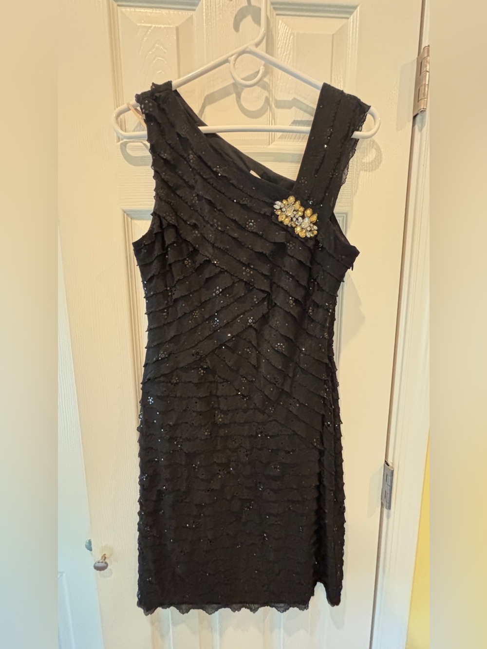 Amanda Lane Black One-Shoulder Sequin Ruffle Dress with Brooch